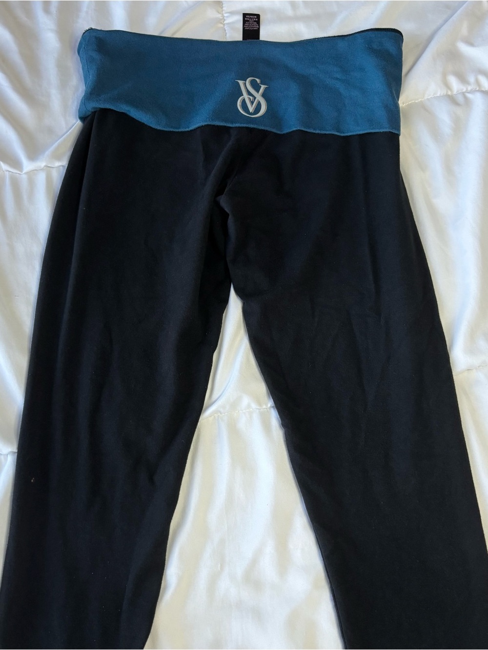 Victoria's Secret Black Leggings with Teal Fold-Over Waistband